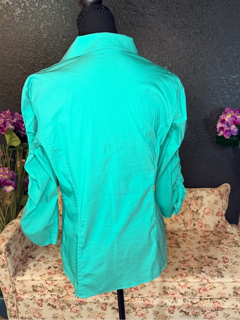 Lafayette 148 New York Ruched Front Button-Down Shirt - Teal - Picture 3 of 8